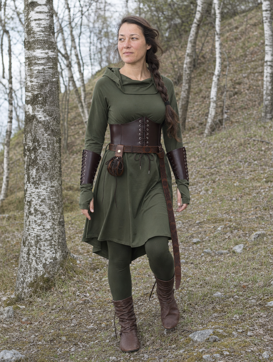 Green hooded elf dress costume set worn outdoors