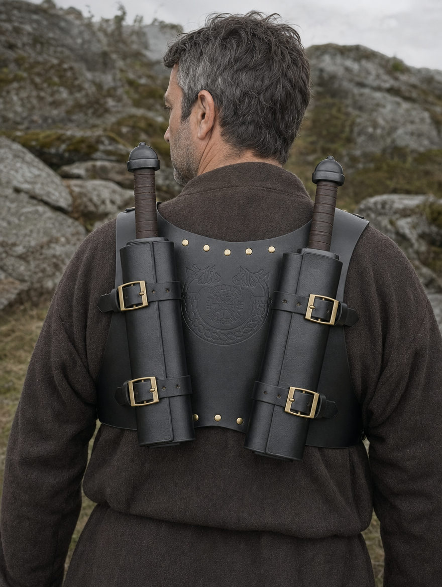 Double sword harness on a wearer, back view showing the two sword holders