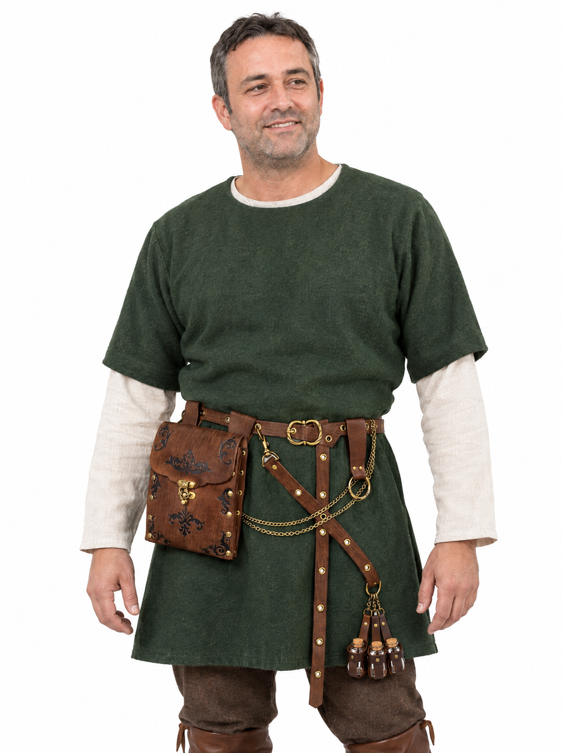 Brown embossed waist bag belt with potion holder worn by a model on a white background