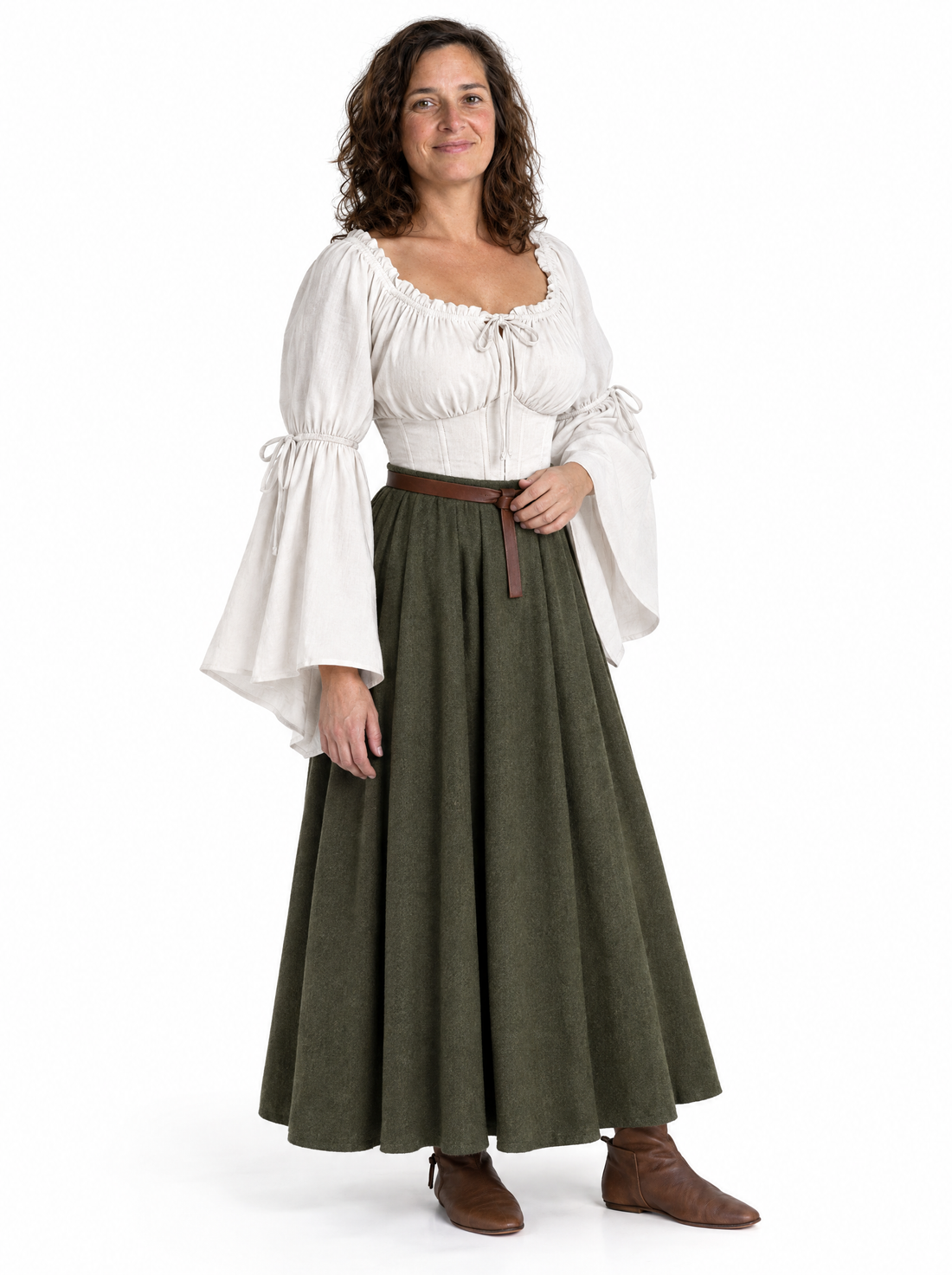 White flared-sleeve renaissance blouse worn by a model on a white background