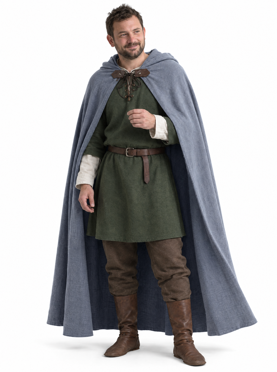 Grey hooded ranger cloak worn by a model on a white background