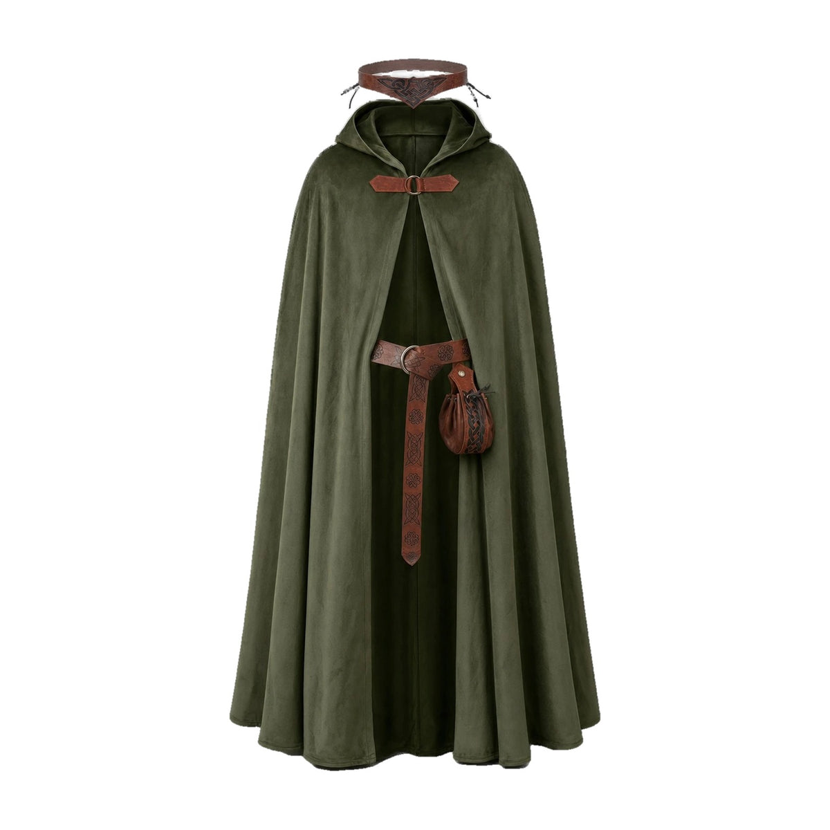 Army green hooded cloak with belt and pouch