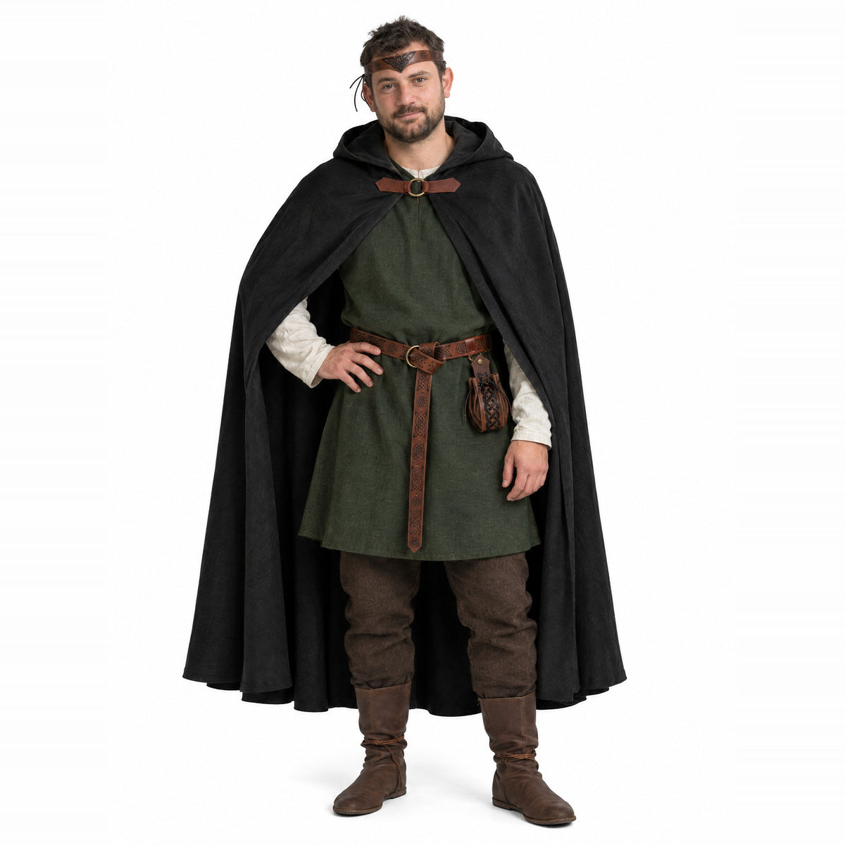Black hooded cloak with belt and pouch worn by a model on a white background