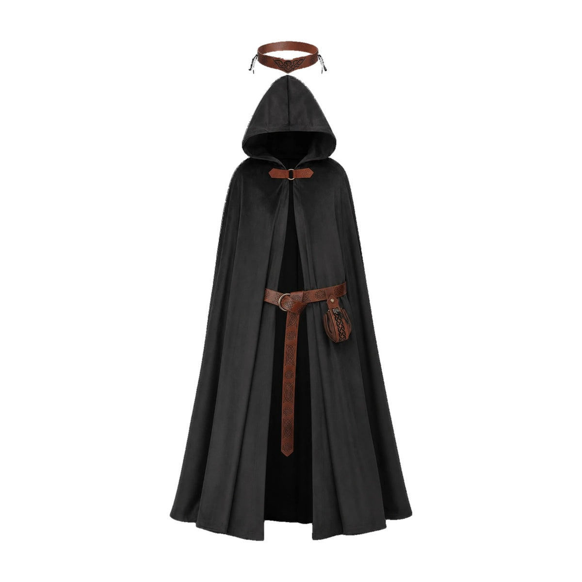 Black hooded cloak with belt and pouch