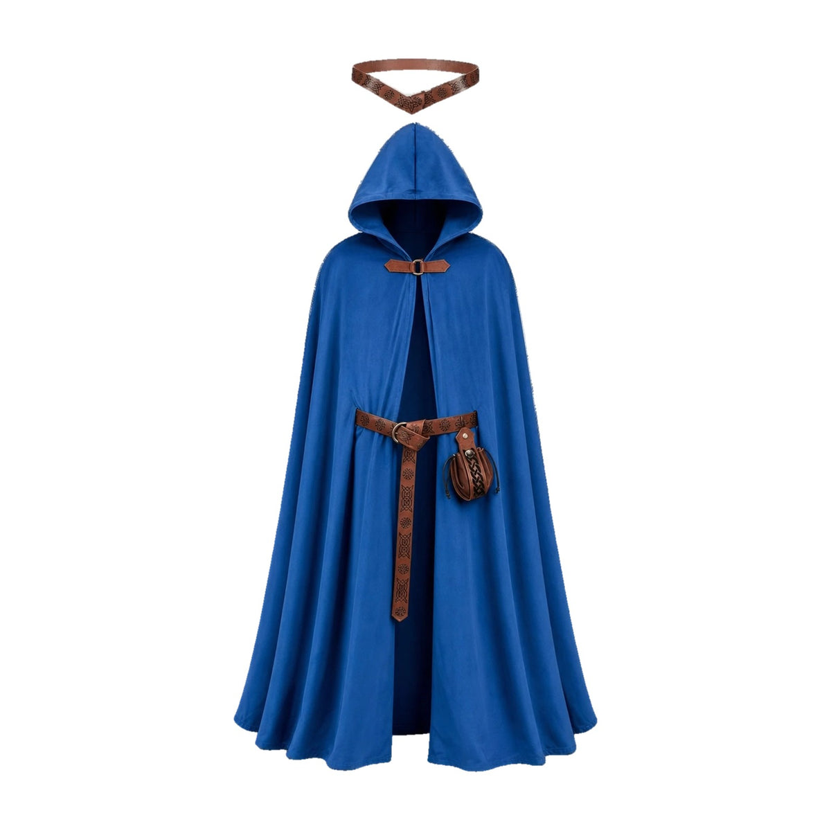 Blue hooded cloak with belt and pouch