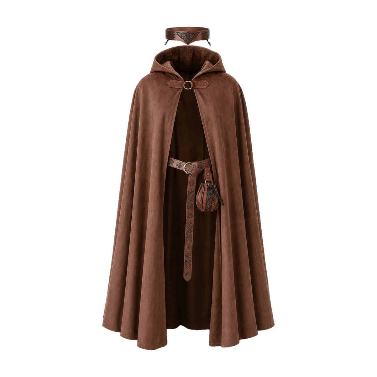 Brown hooded cloak with belt and pouch