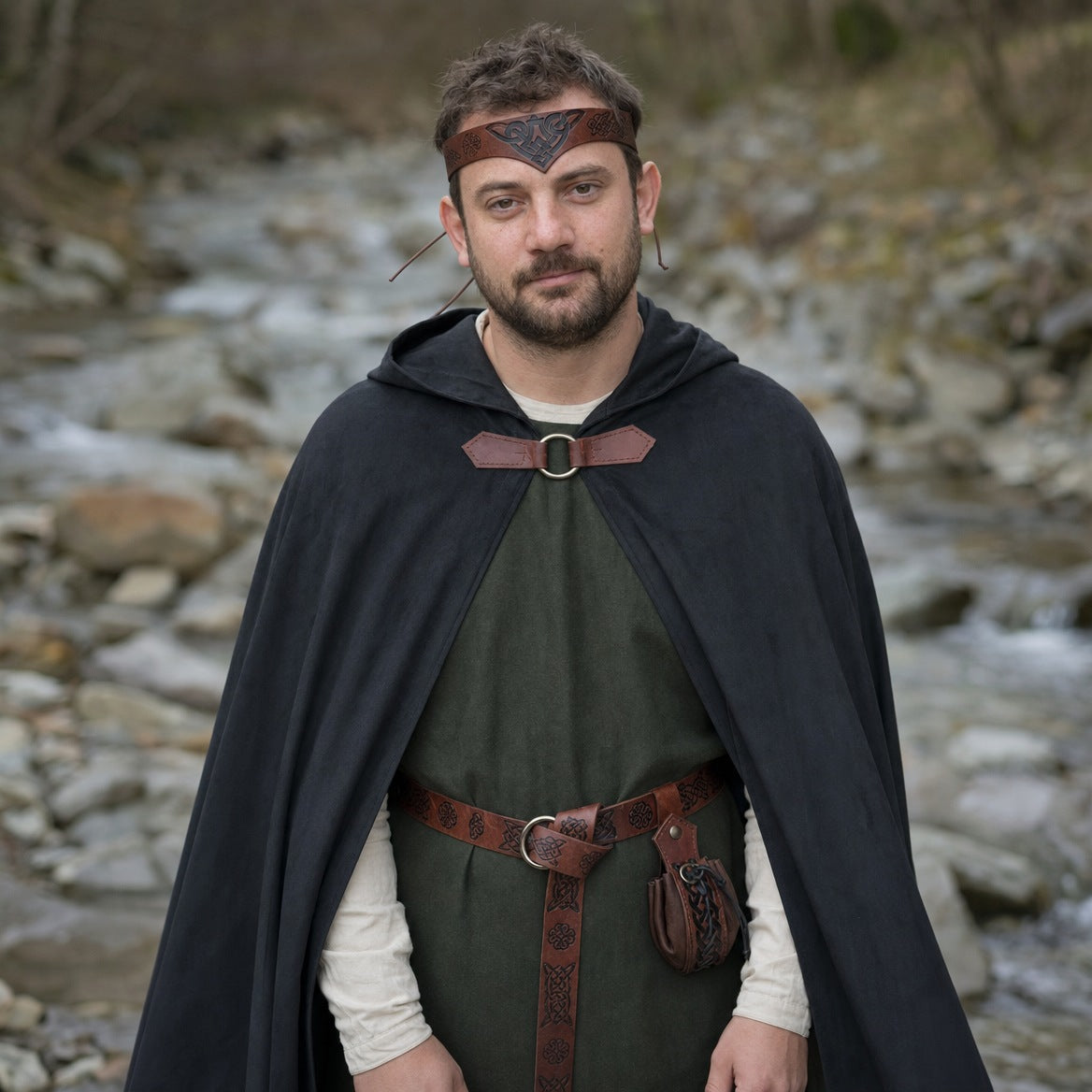 Hooded cloak set on a wearer, showing the belt and pouch at the waist