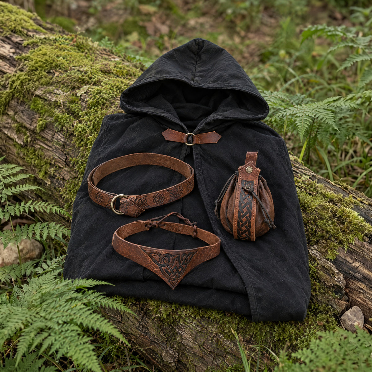 Black hooded cloak with belt and pouch on a rustic surface