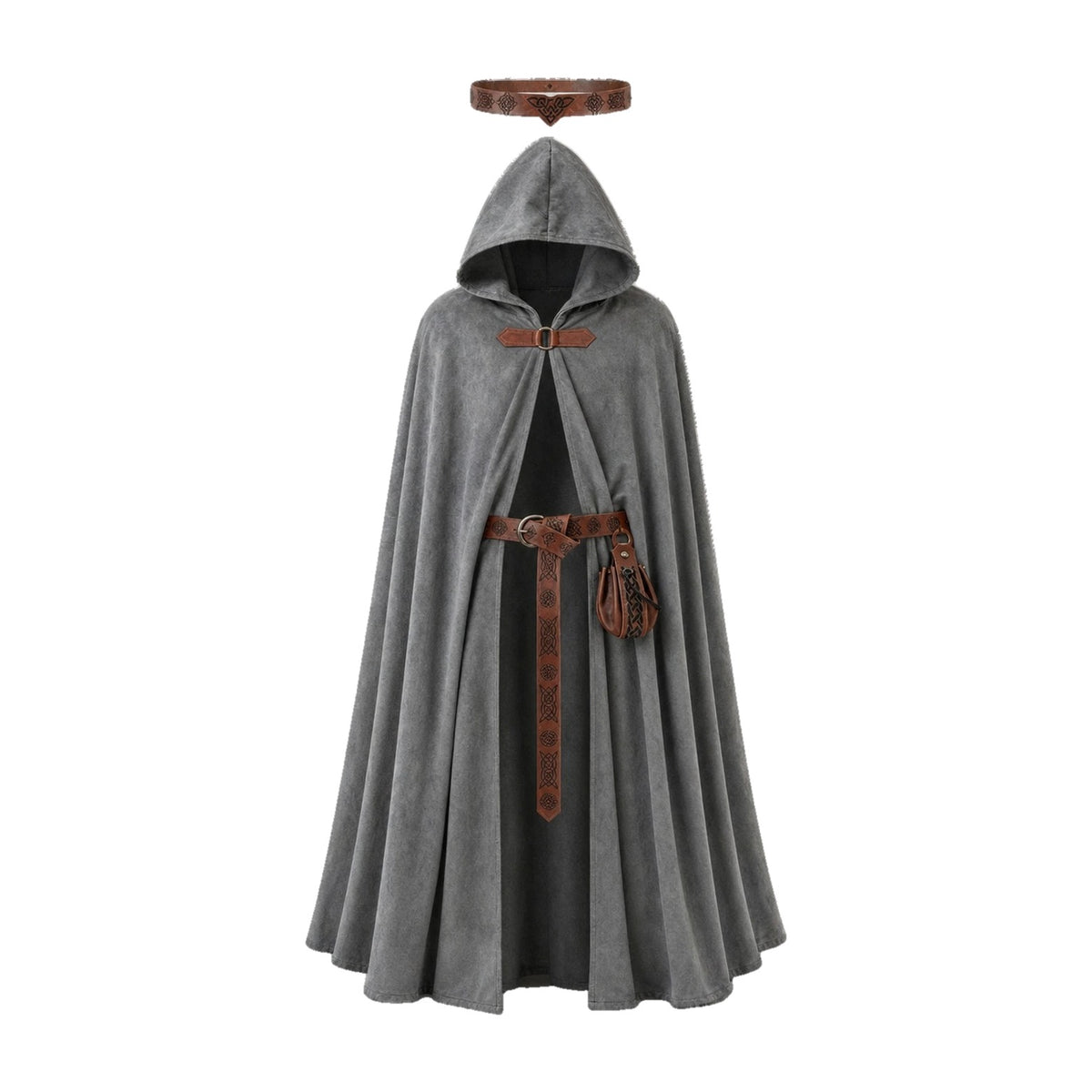 Grey hooded cloak with belt and pouch