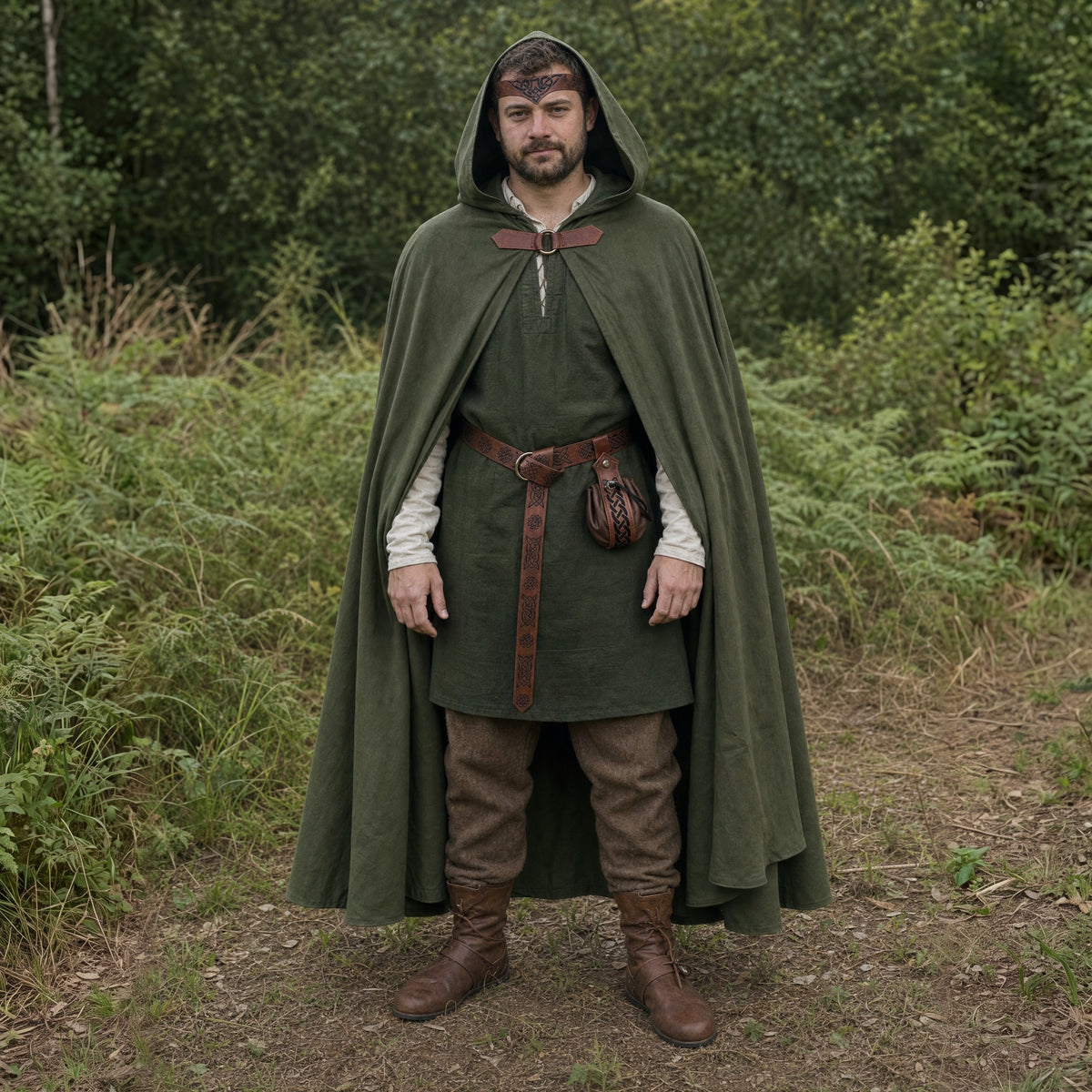 Army Green hooded cloak with belt and pouch worn outdoors, full-length front view