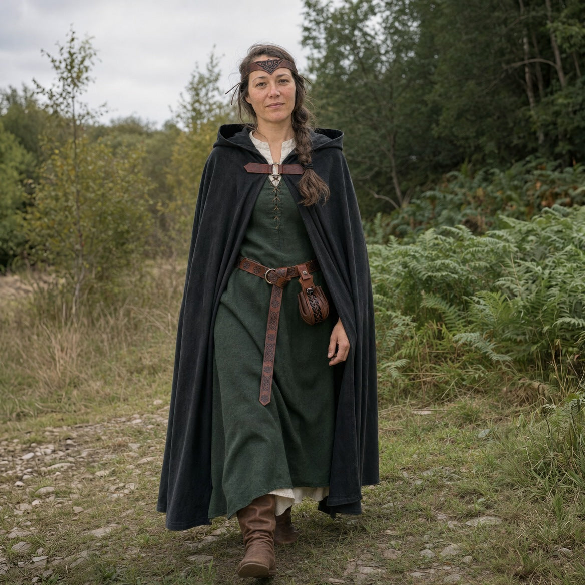 Black hooded cloak with belt and pouch worn outdoors