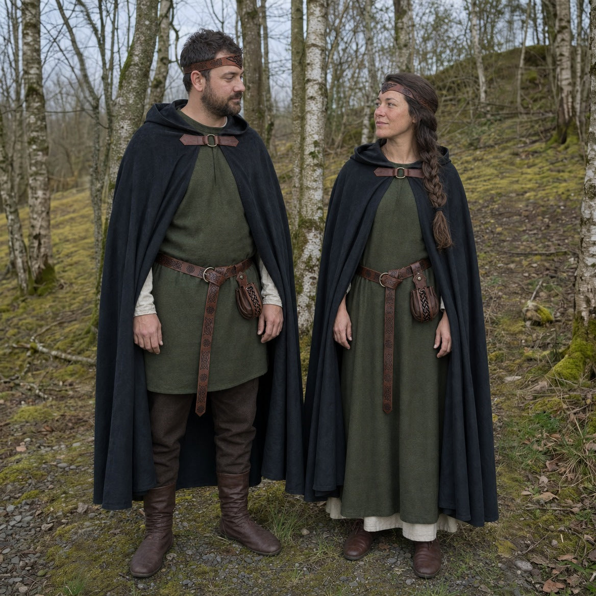 Hooded cloak set styled over a tunic, trousers and boots