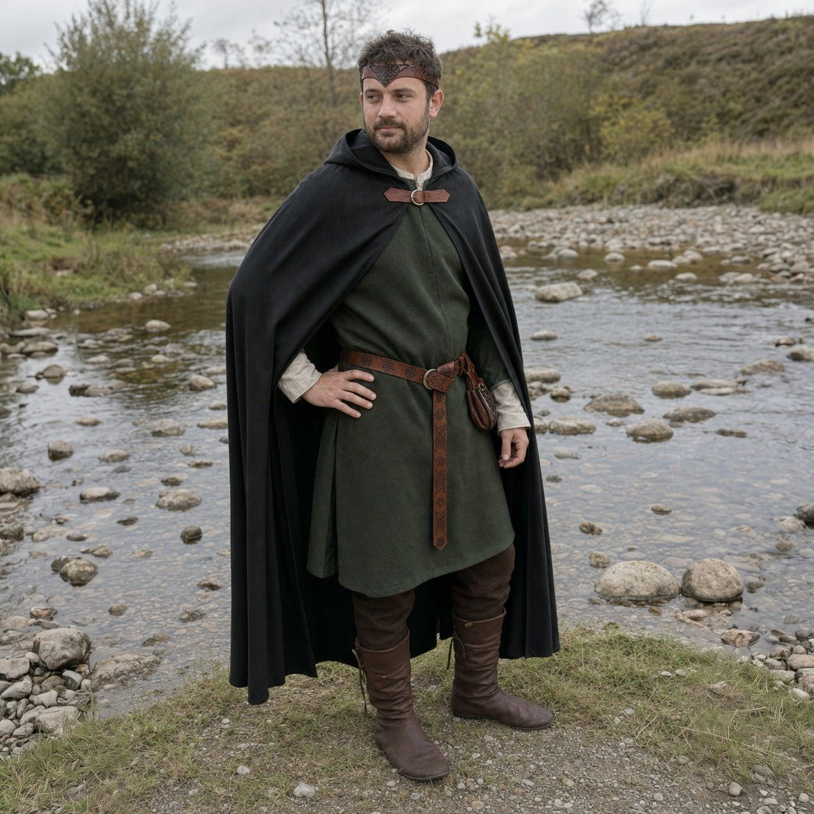 Black hooded cloak with belt and pouch, three-quarter view