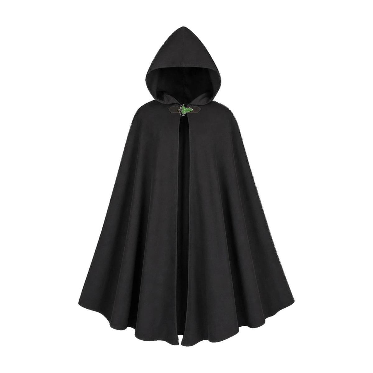 Black hooded cloak with leaf brooch