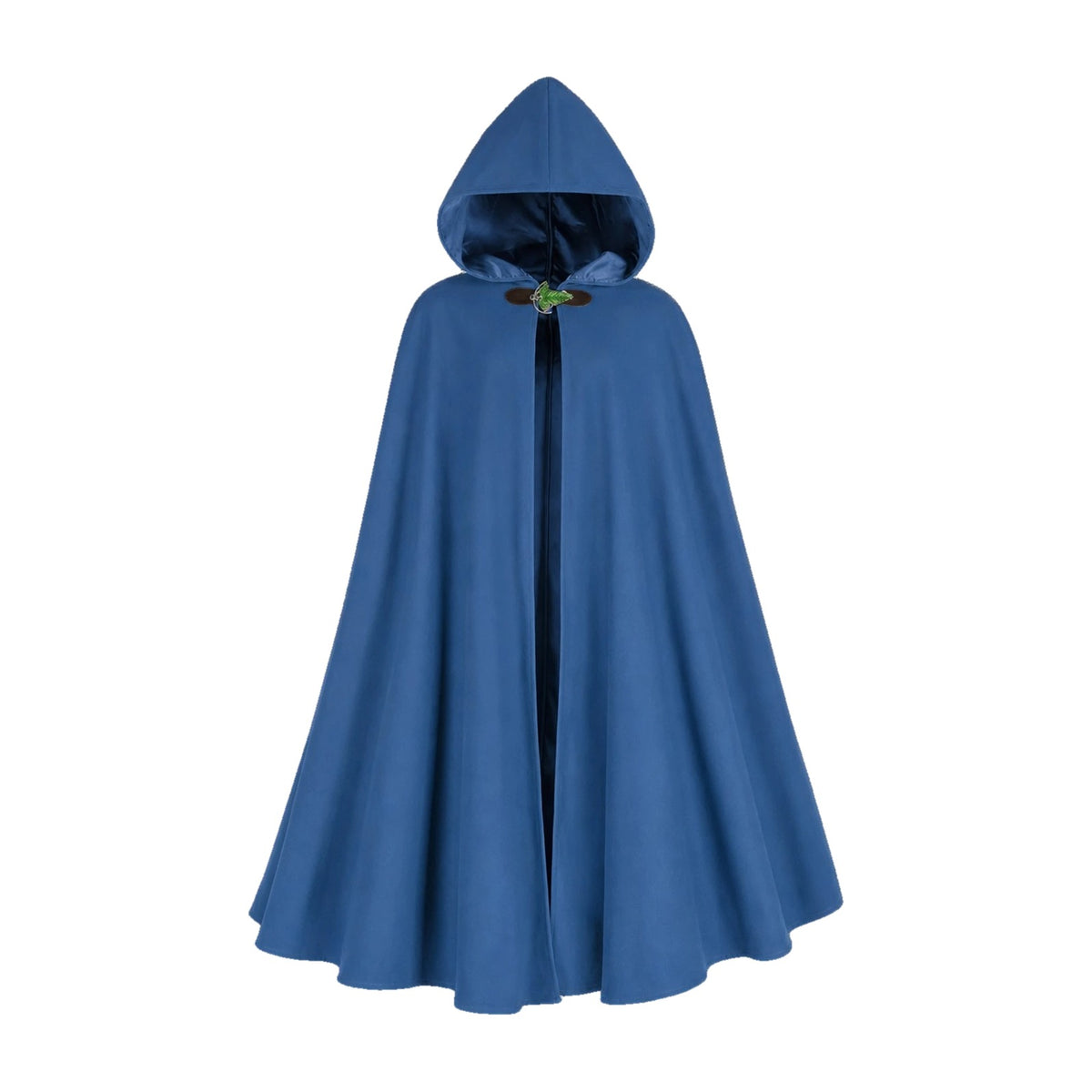 Blue hooded cloak with leaf brooch