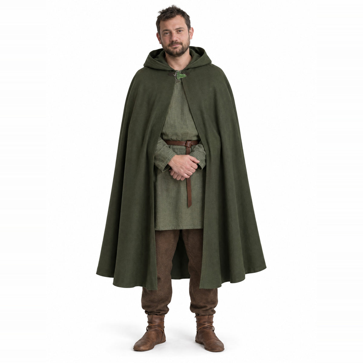 Green hooded cloak with leaf brooch worn by a model on a white background