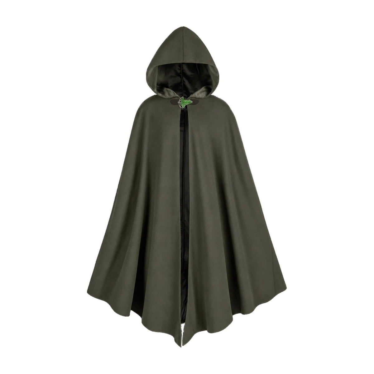 Green hooded cloak with leaf brooch