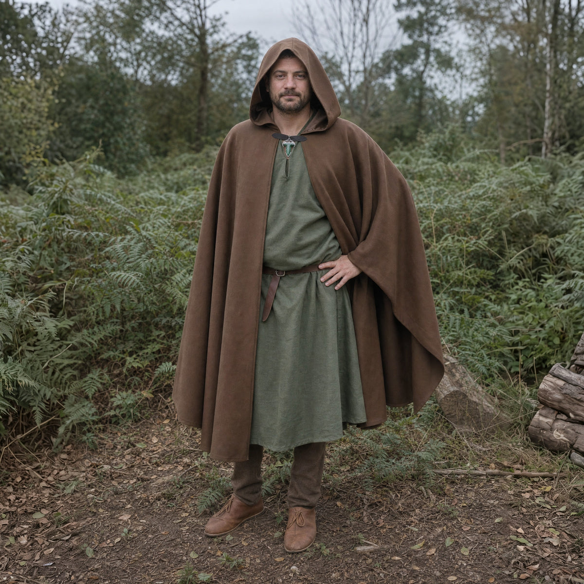 Brown hooded cloak with leaf brooch worn outdoors, full-length front view