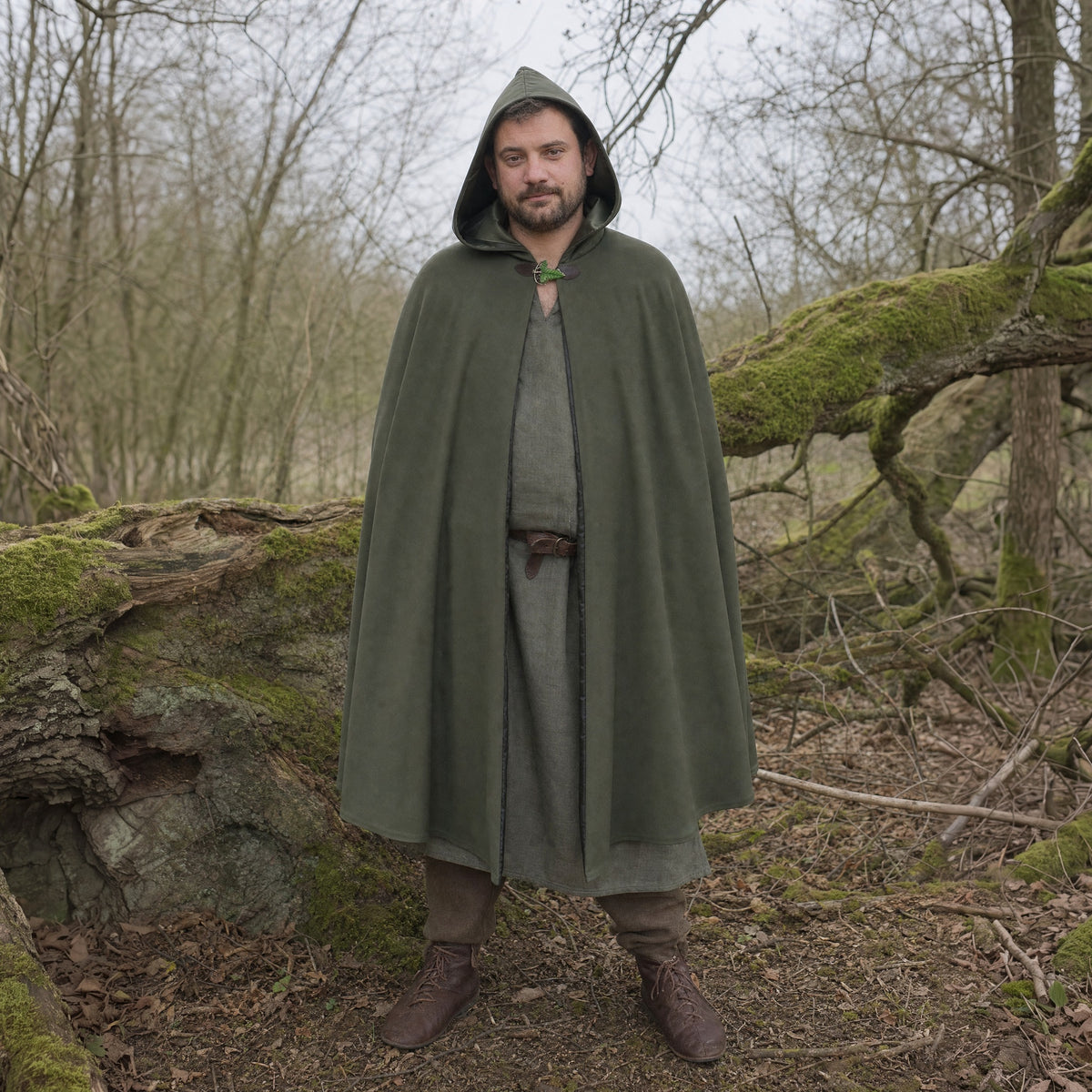 Green hooded cloak with leaf brooch worn outdoors, full-length front view