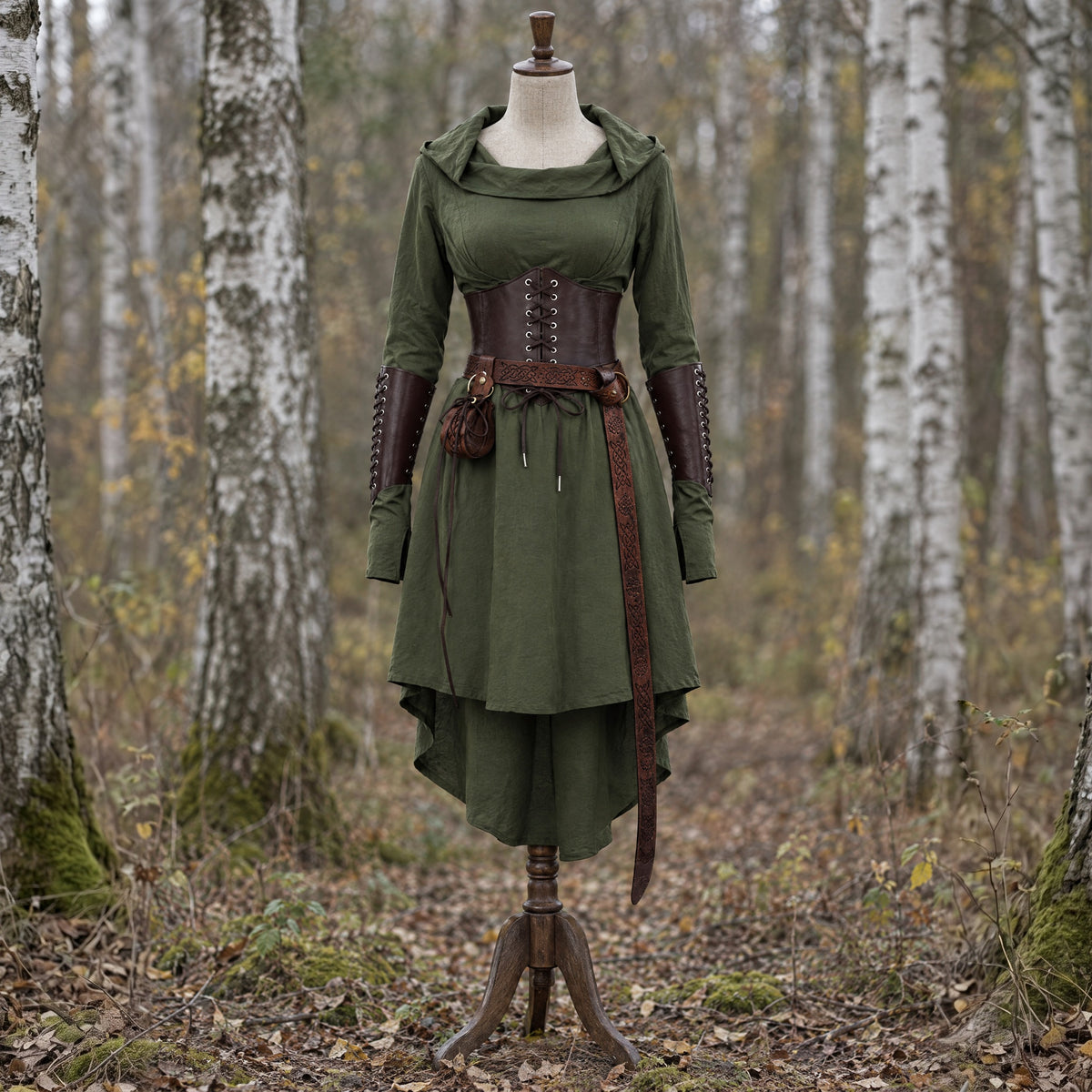 Hooded Elf Dress Set in a complete elven outfit, on a dress form