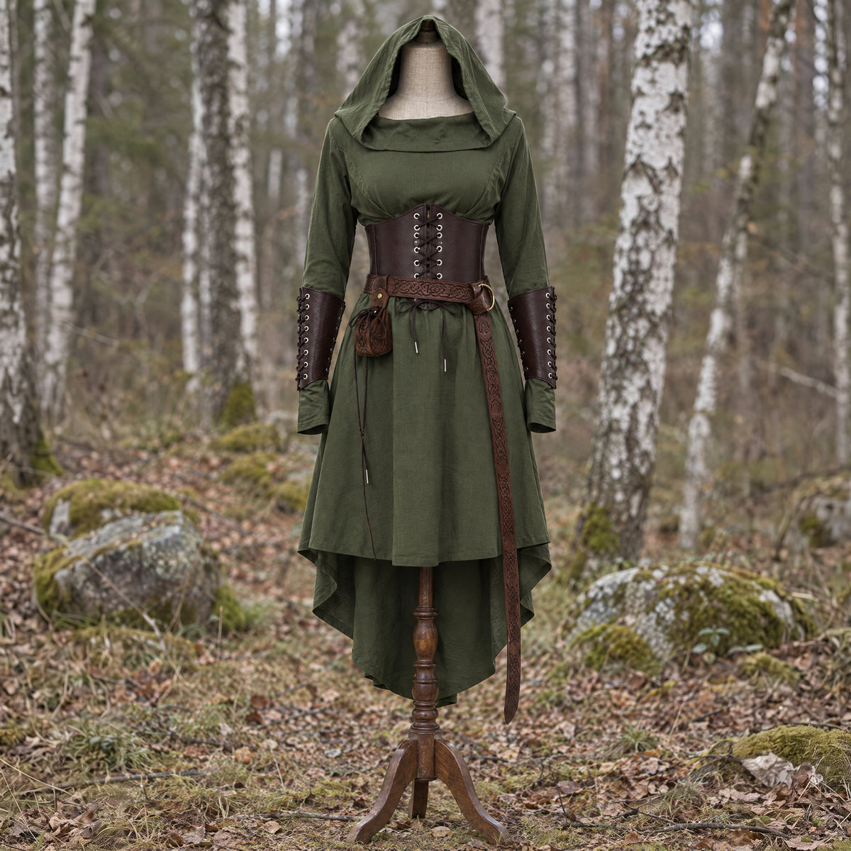 Green hooded elf dress set on a dress form outdoors