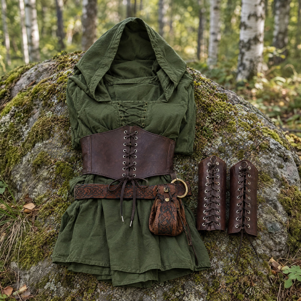 Green hooded elf dress set on a rustic surface