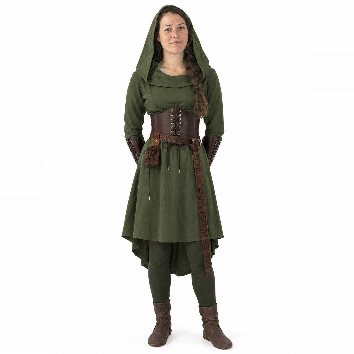 Green hooded elf dress set worn by a model on a white background