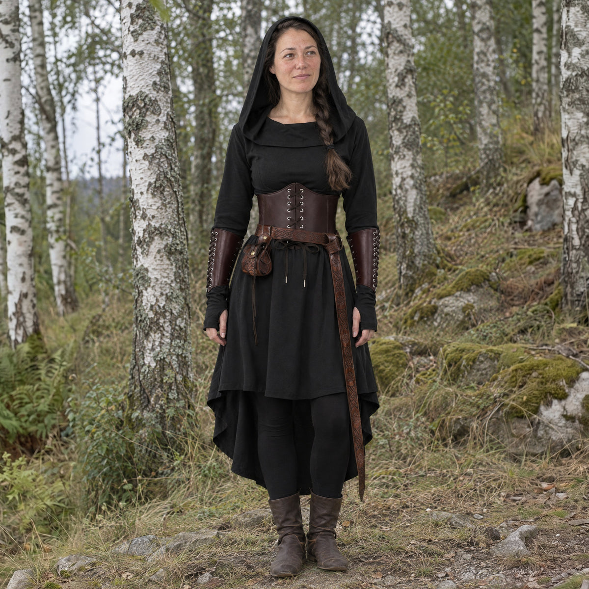 Black hooded elf dress set worn by a woman outdoors, full-length front view