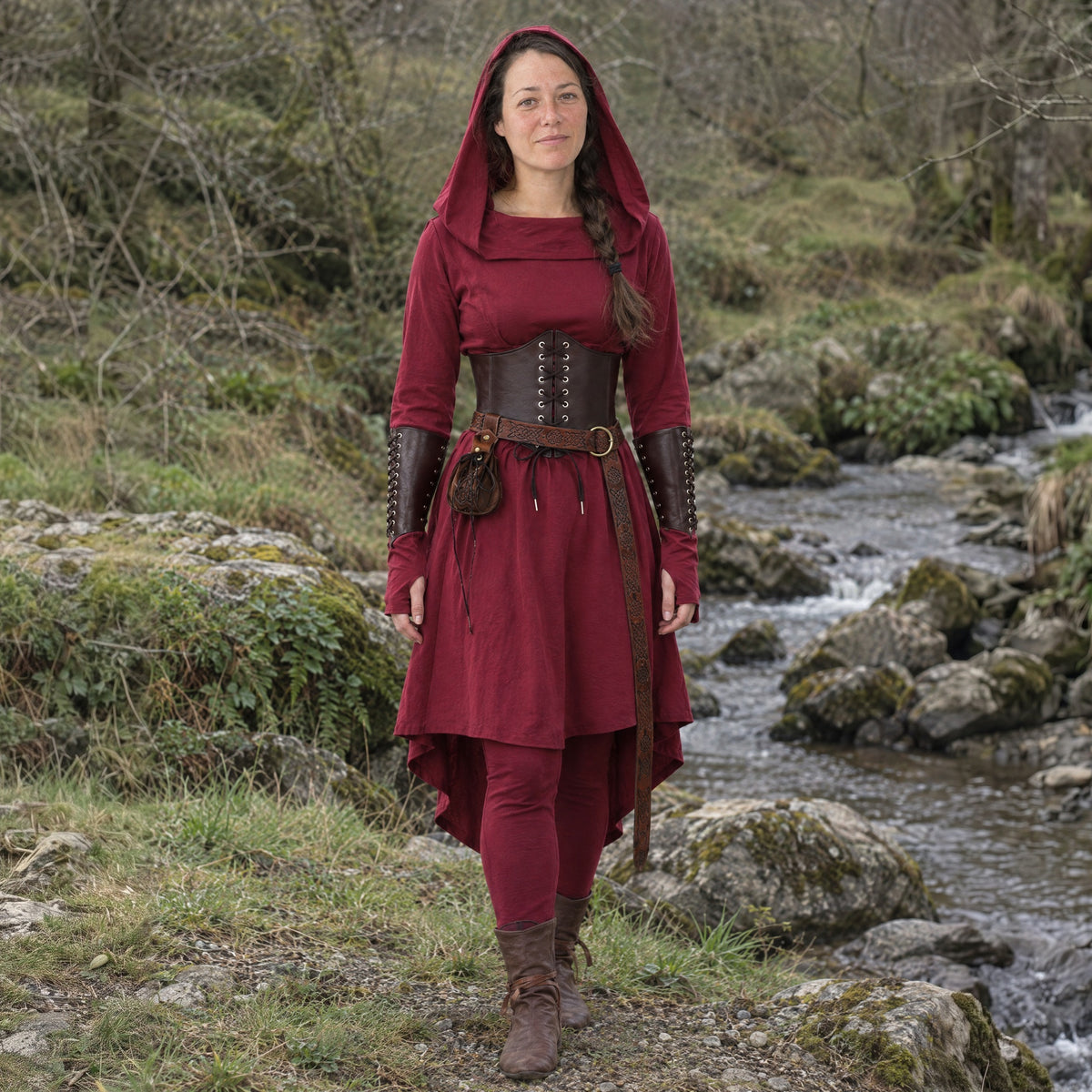 Wine Red hooded elf dress set worn by a woman outdoors, full-length front view