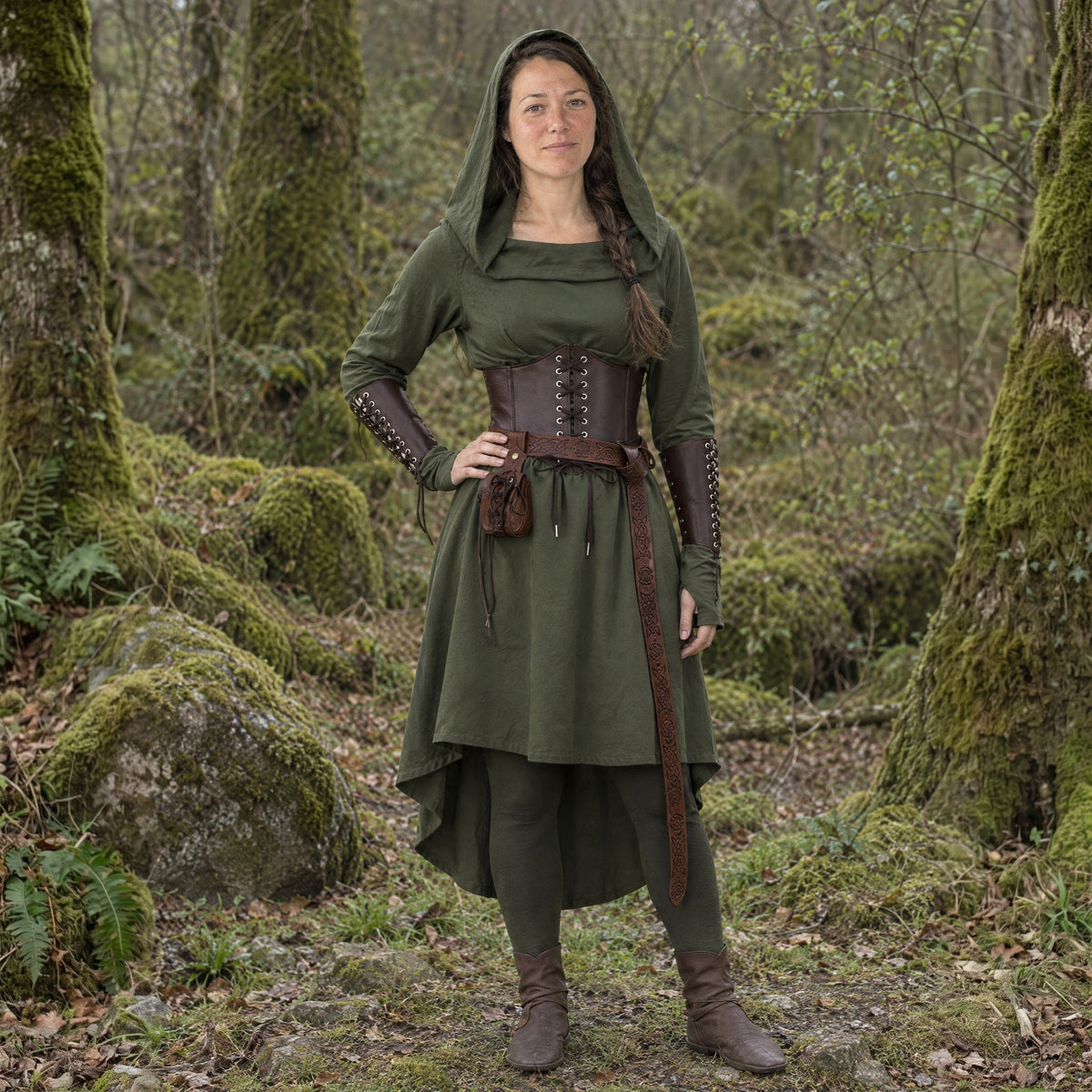 Green hooded elf dress set worn by a woman outdoors, full-length front view