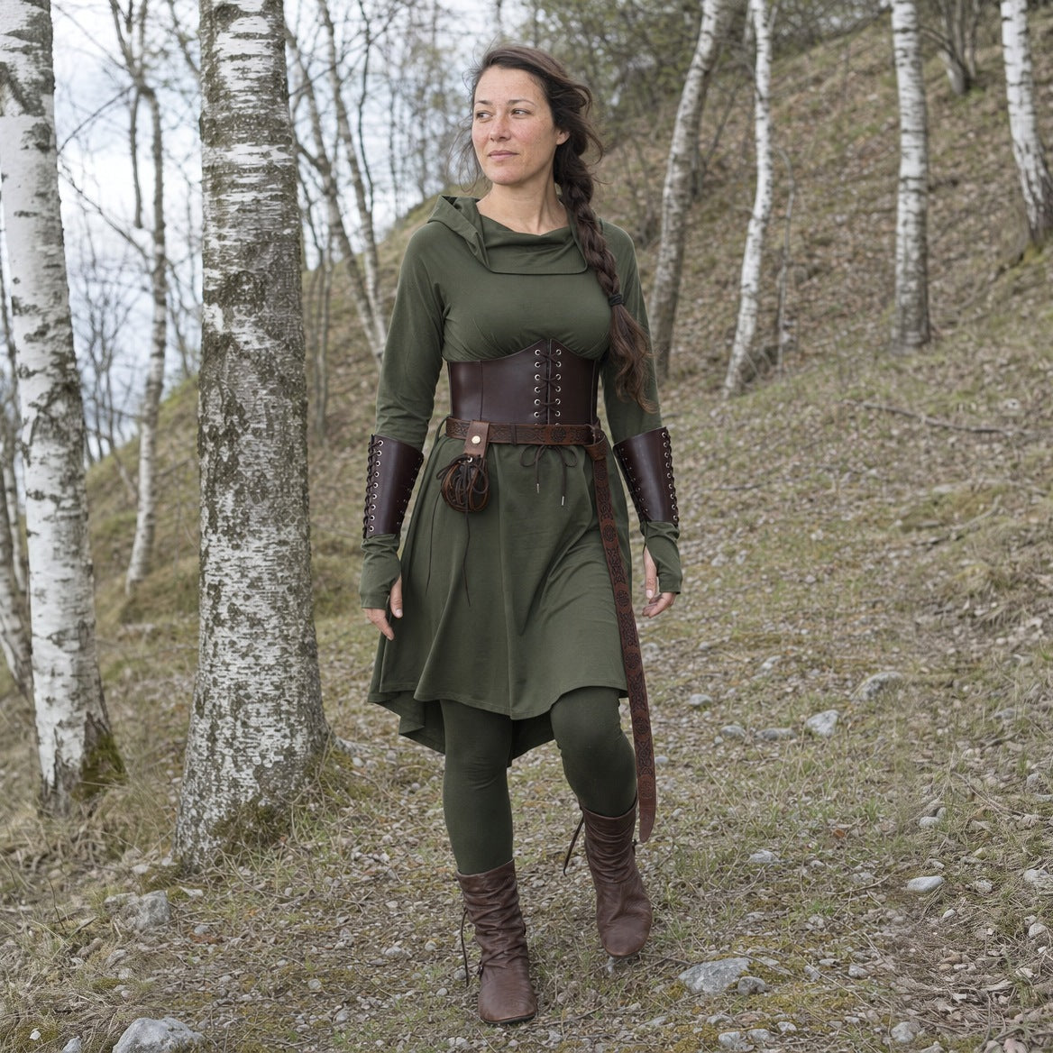 Green hooded elf dress set worn outdoors