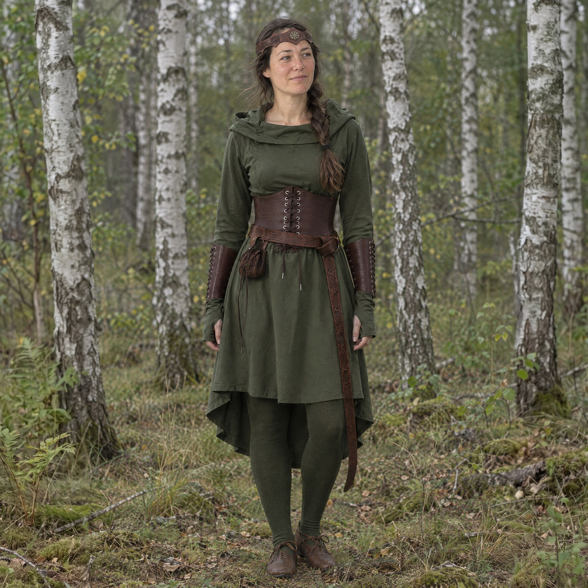 Hooded Elf Dress Set in a complete elven outfit, worn by a woman outdoors