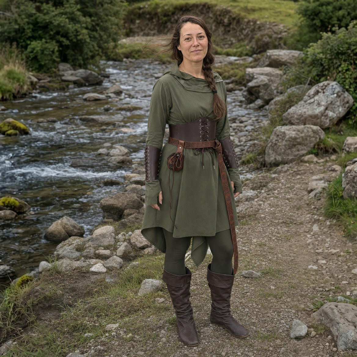 Green hooded elf dress, three-quarter view of the hood and high-low hem