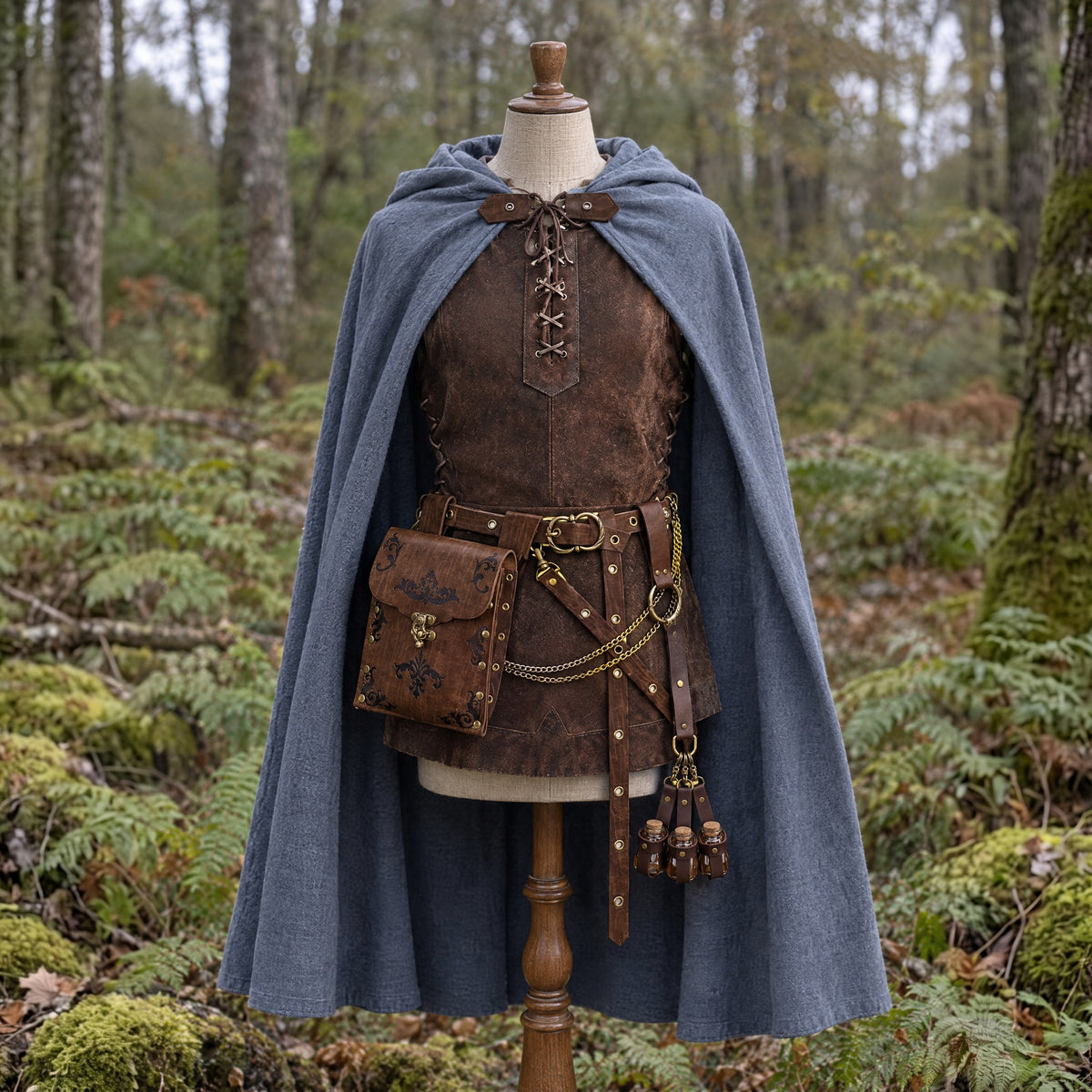 Hooded Ranger Cloak in a complete ranger outfit, on a dress form