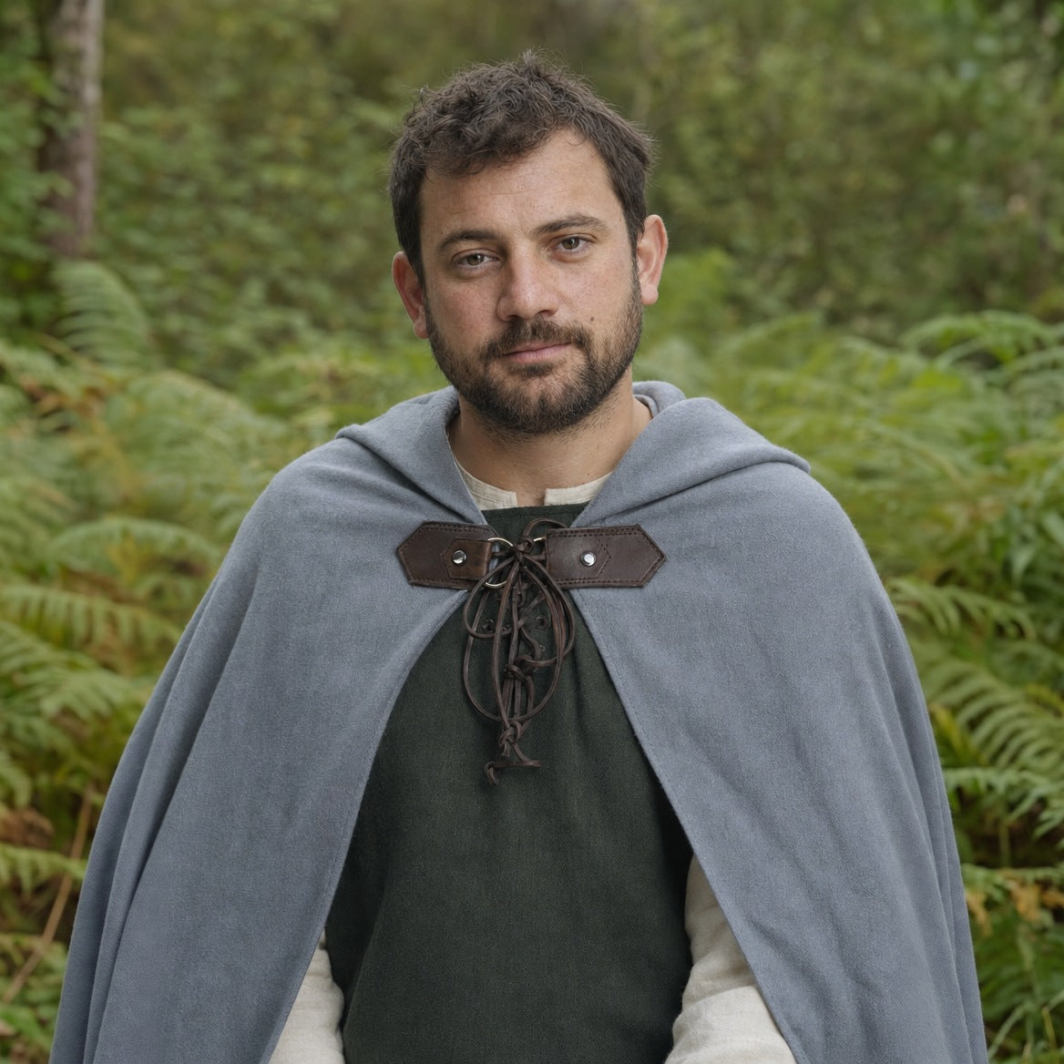 Hooded ranger cloak on a wearer, showing where the hem falls