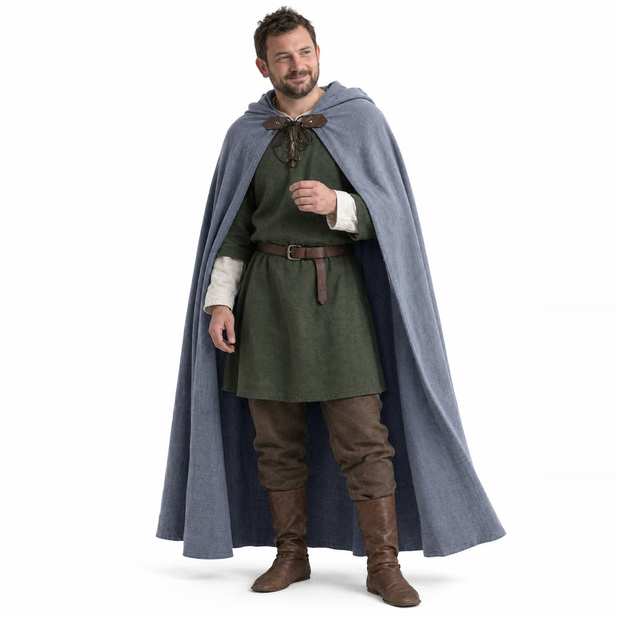 Grey hooded ranger cloak worn by a model on a white background
