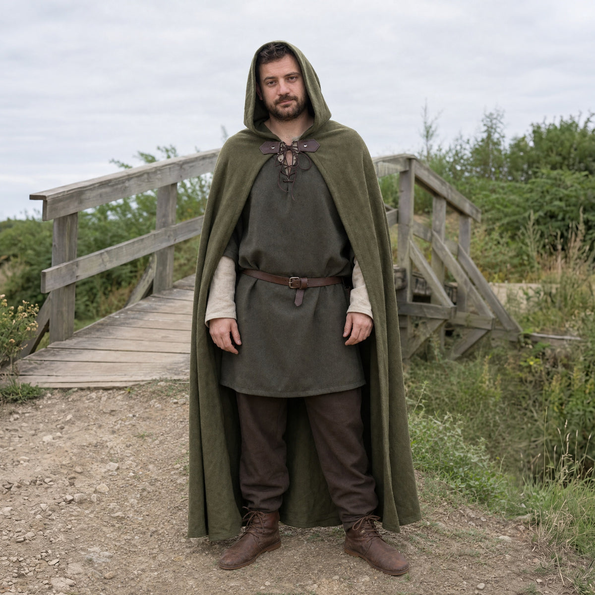 Army Green hooded ranger cloak worn outdoors, full-length front view