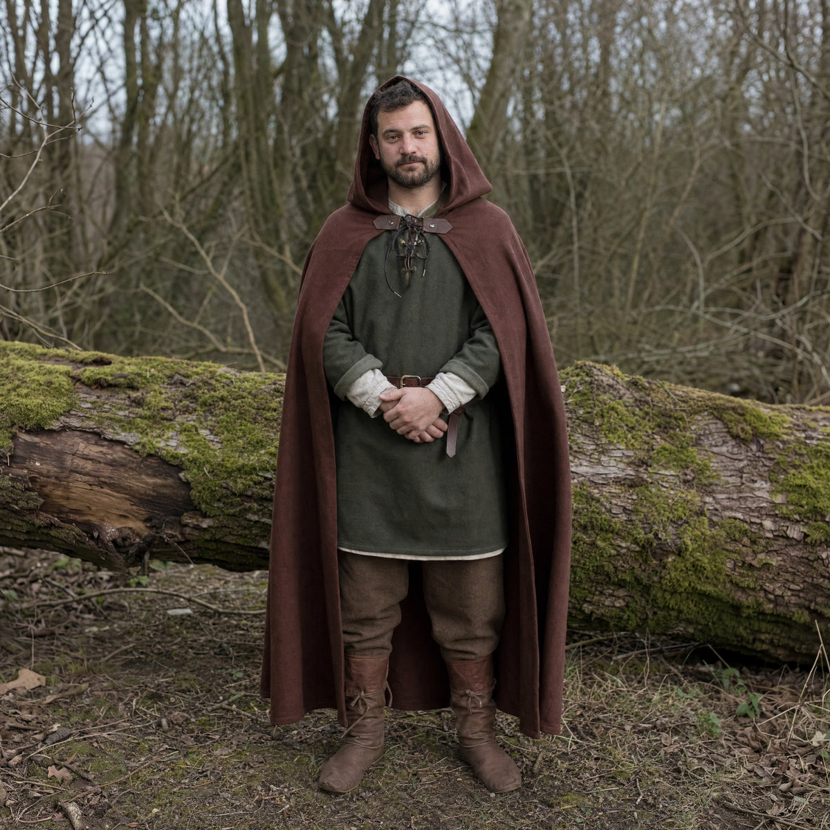 Coffee hooded ranger cloak worn outdoors, full-length front view