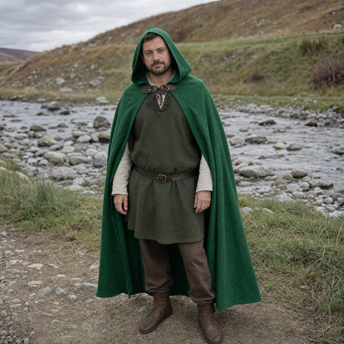 Green hooded ranger cloak worn outdoors, full-length front view