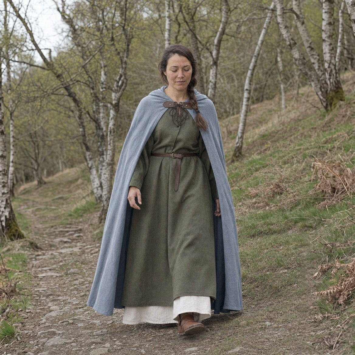 Grey hooded ranger cloak worn outdoors
