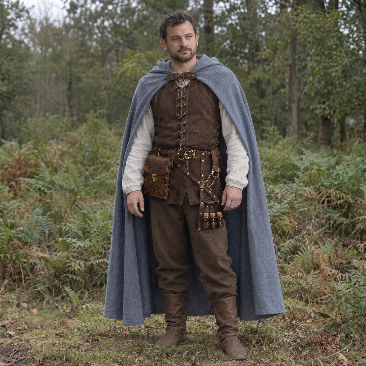 Hooded Ranger Cloak in a complete ranger outfit, worn by a man outdoors