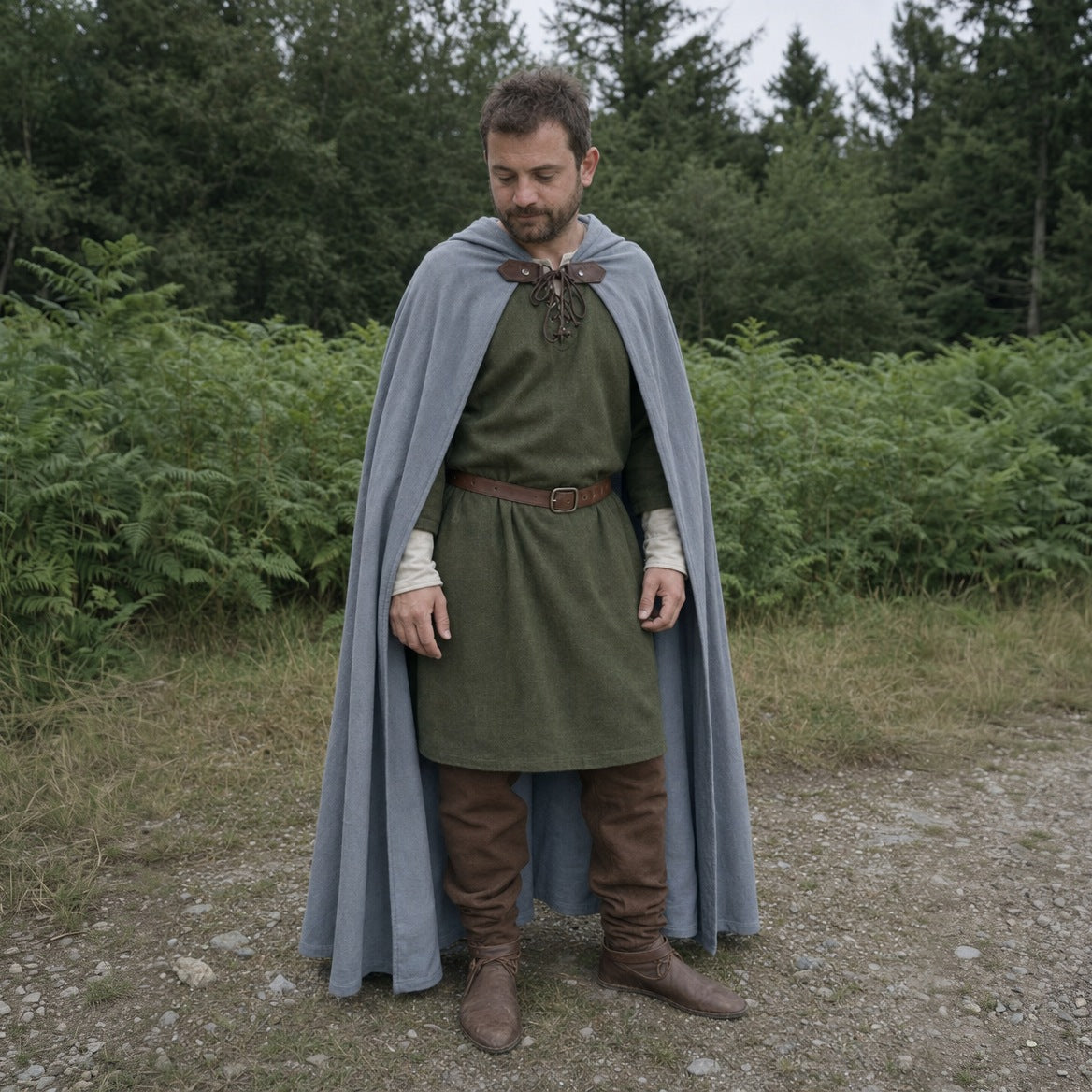 Grey hooded ranger cloak, three-quarter view with the hood up