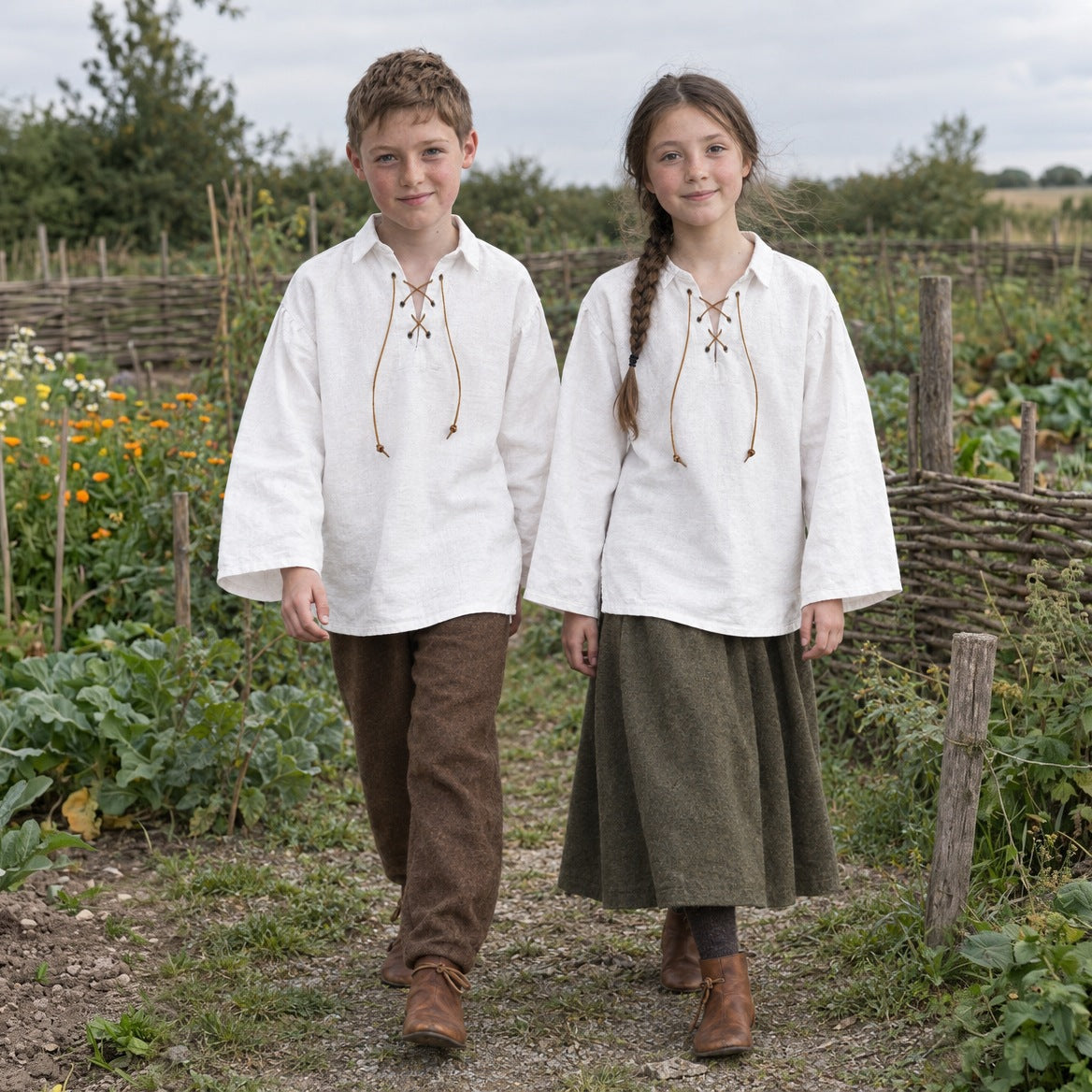 Kids' lace-up renaissance shirts styled with trousers and a skirt