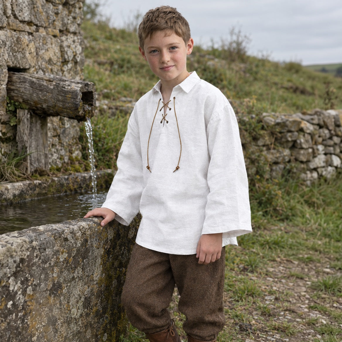 White kids' lace-up renaissance shirt, three-quarter view