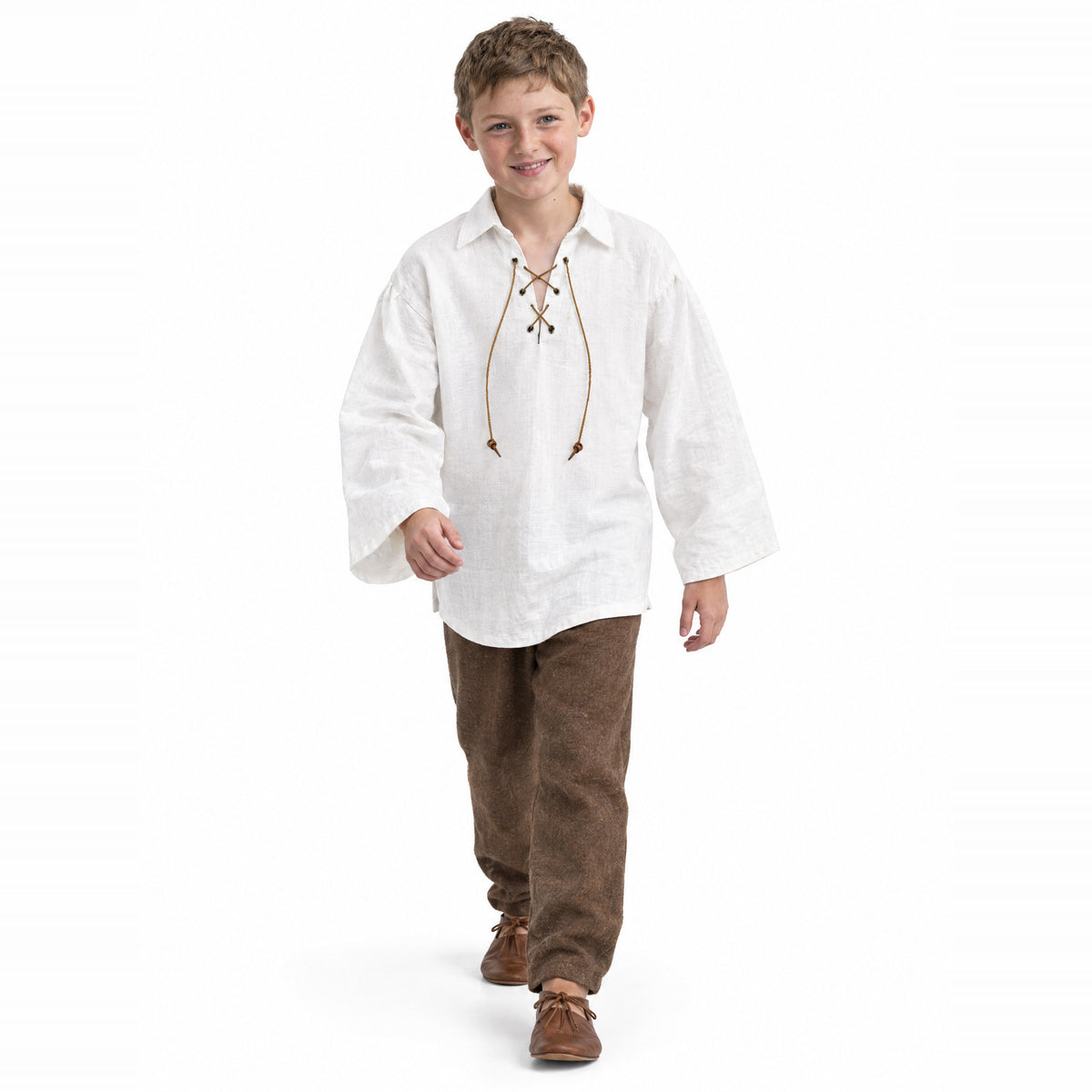 White kids' lace-up renaissance shirt worn by a model on a white background