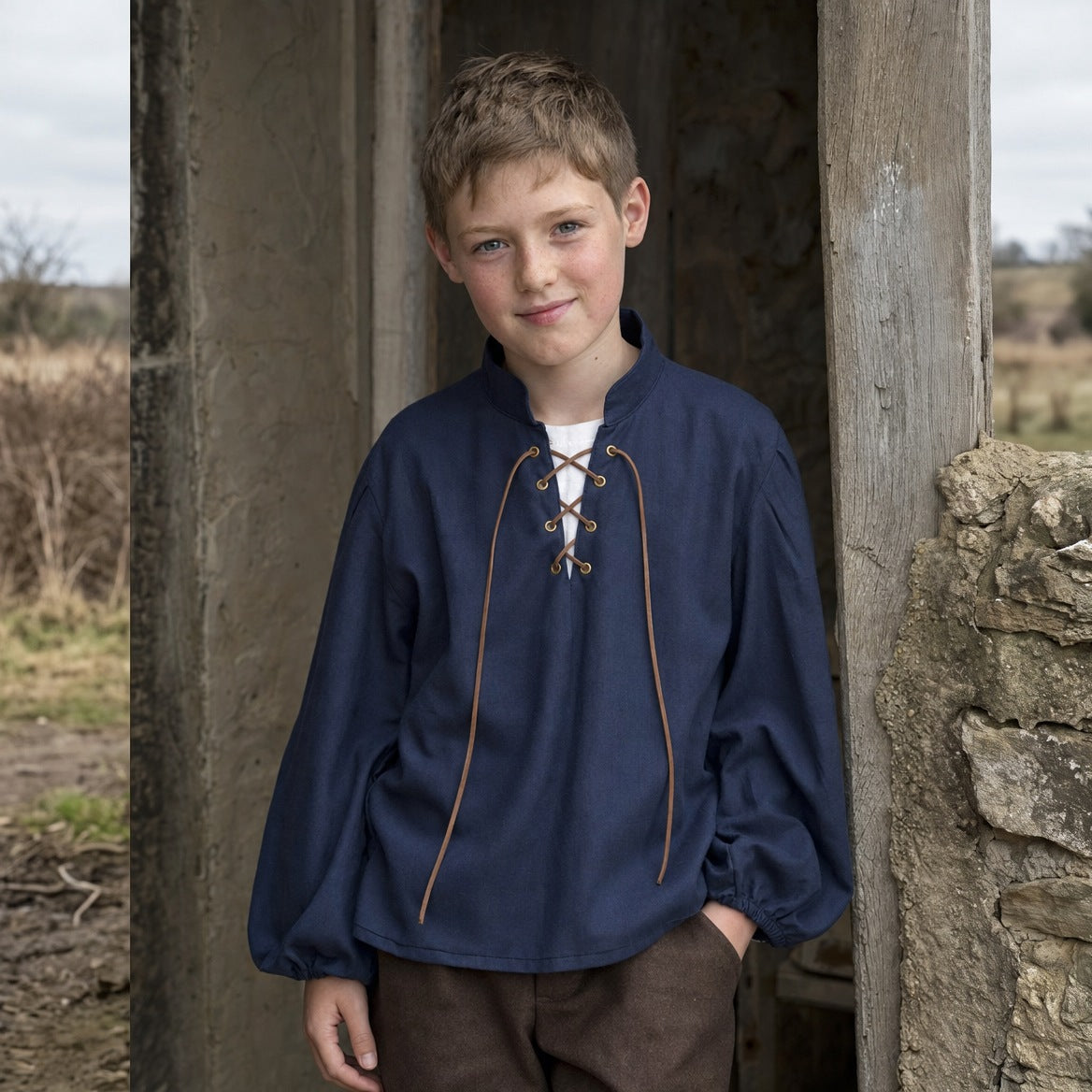 Kids' stand-collar shirt on a child, showing the fit and sleeve length