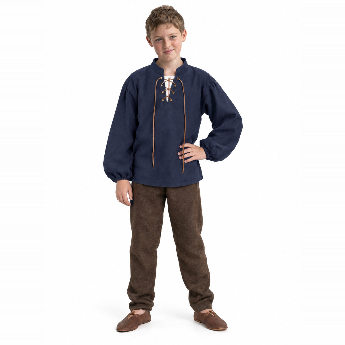 Navy kids' stand-collar shirt worn by a model on a white background