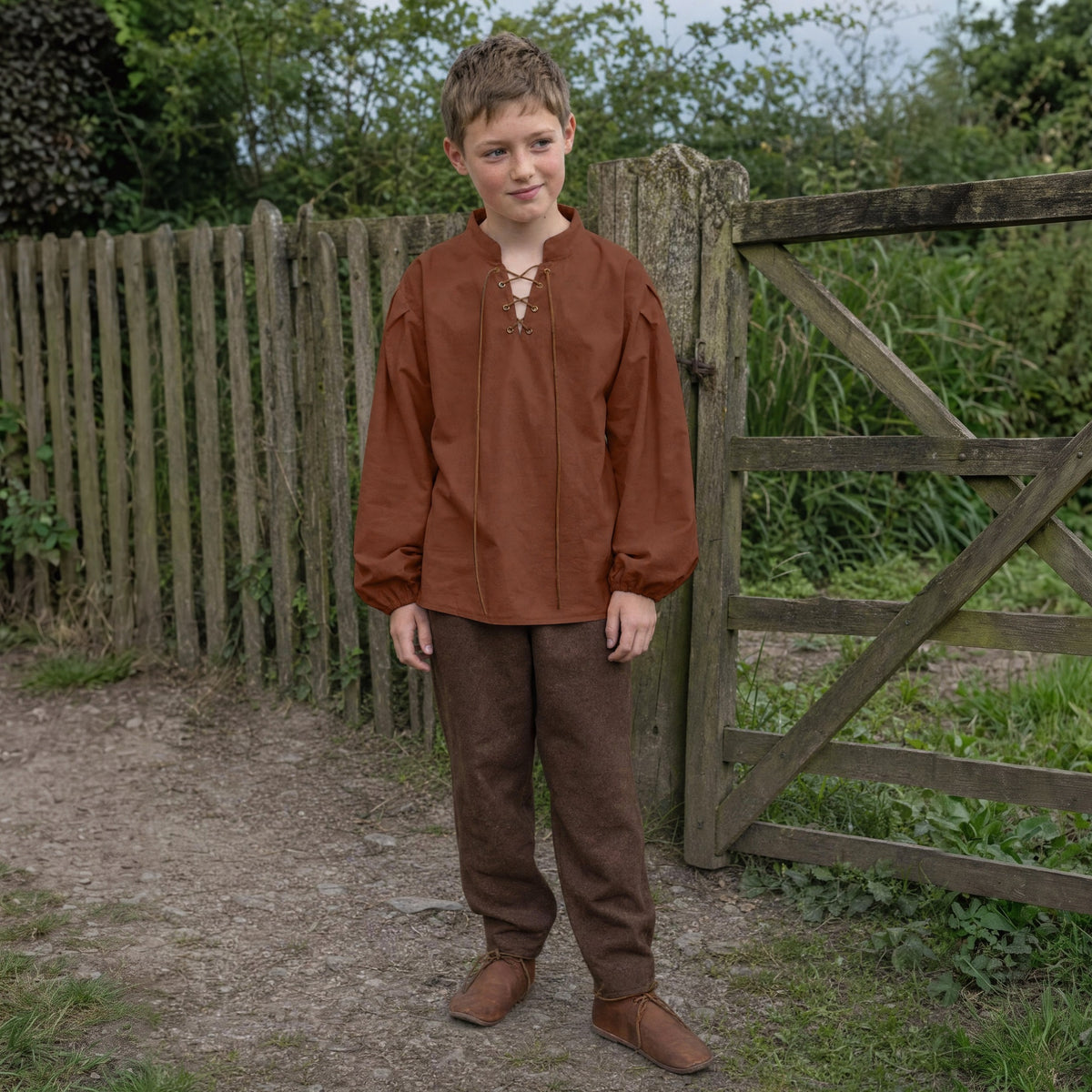 Dark Brown kids' stand-collar shirt worn by a child outdoors, full-length front view