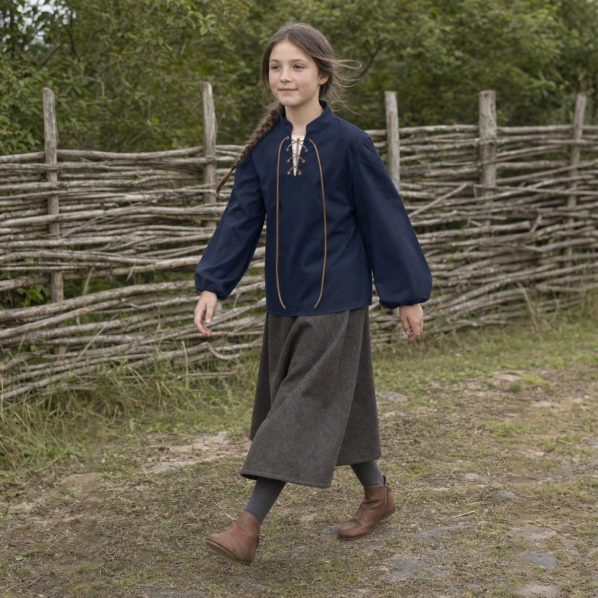 Navy kids' stand-collar shirt worn outdoors