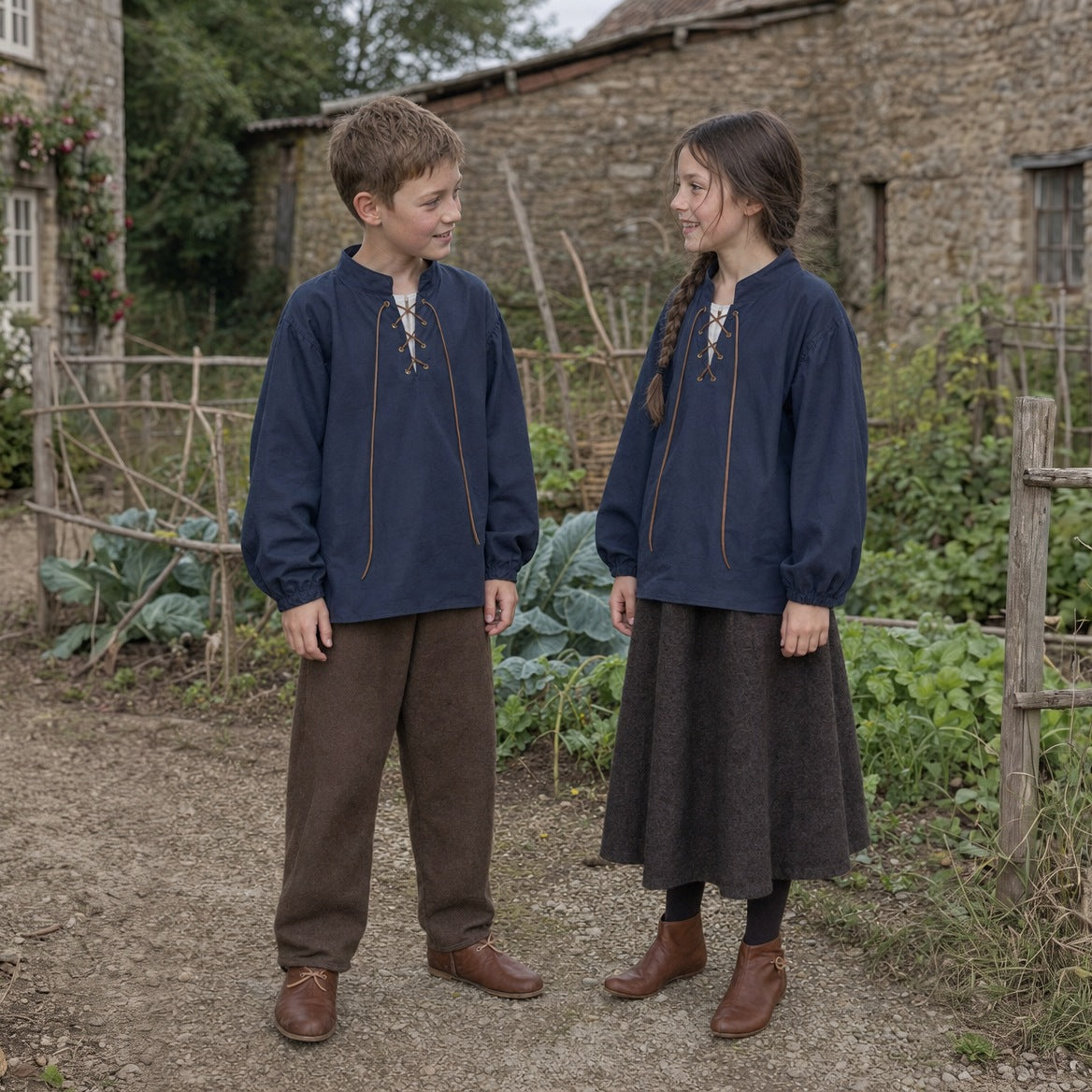 Kids' stand-collar shirts styled with trousers, a skirt and boots